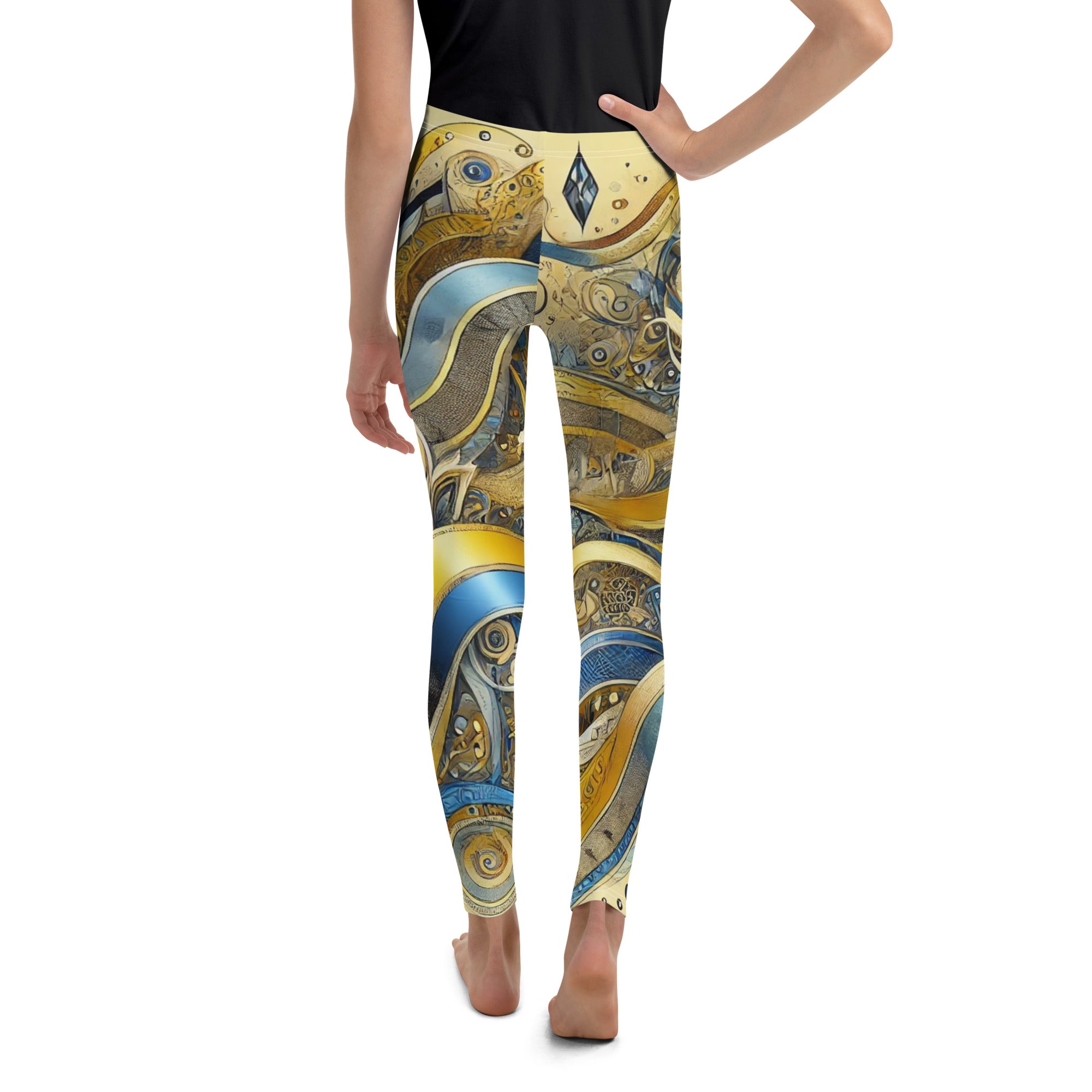 Youth leggings with Ukrainian abstract design, blue and gold patterns, made from stretchy microfiber for comfort and style.