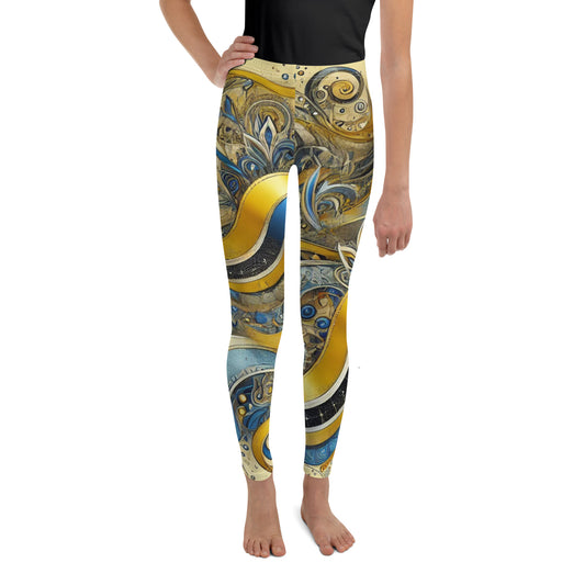 Youth leggings featuring a vibrant Ukrainian abstract design in gold and blue tones, showcasing artistic patterns and swirls.