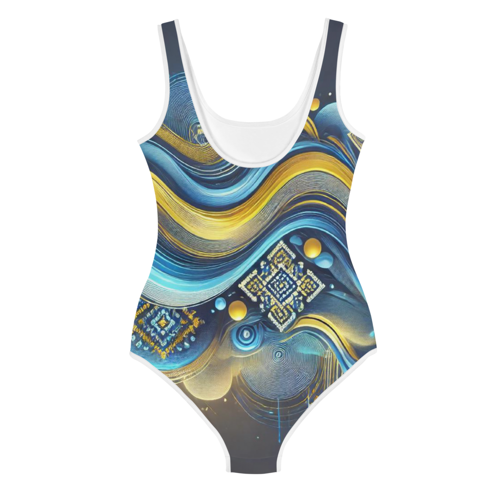 Girls’ Swimsuit with Ukrainian Abstract Design, Soft & Stretchy Fabric, UPF 38-40 Protection, Double Layer Front