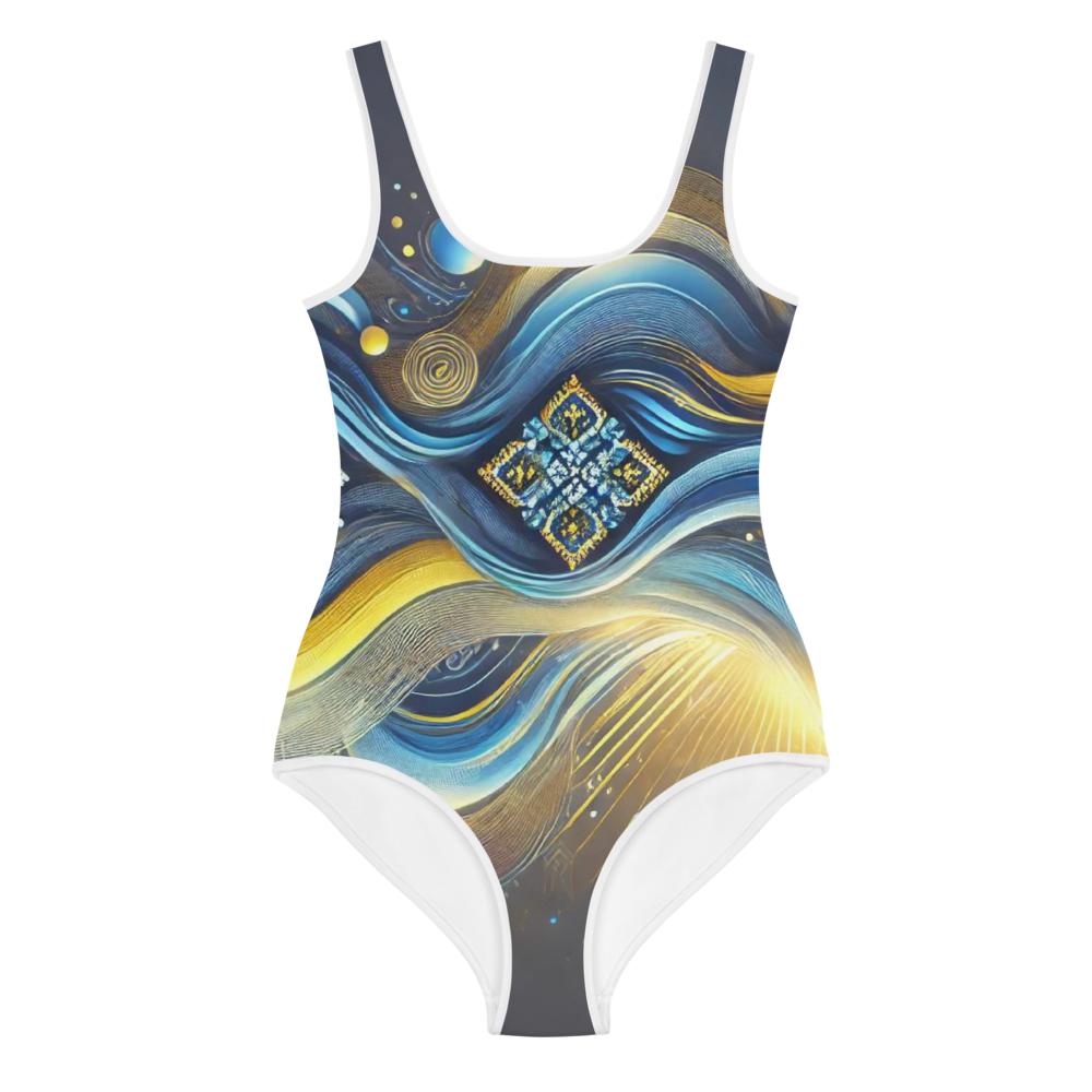 Girls’ Swimsuit with Ukrainian Abstract Design, Soft & Stretchy Fabric, UPF 38-40 Protection, Double Layer Front