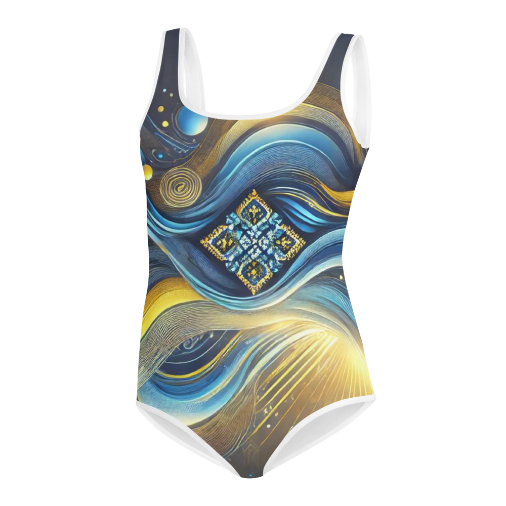 Girls’ Swimsuit with Ukrainian Abstract Design, Soft & Stretchy Fabric, UPF 38-40 Protection, Double Layer Front