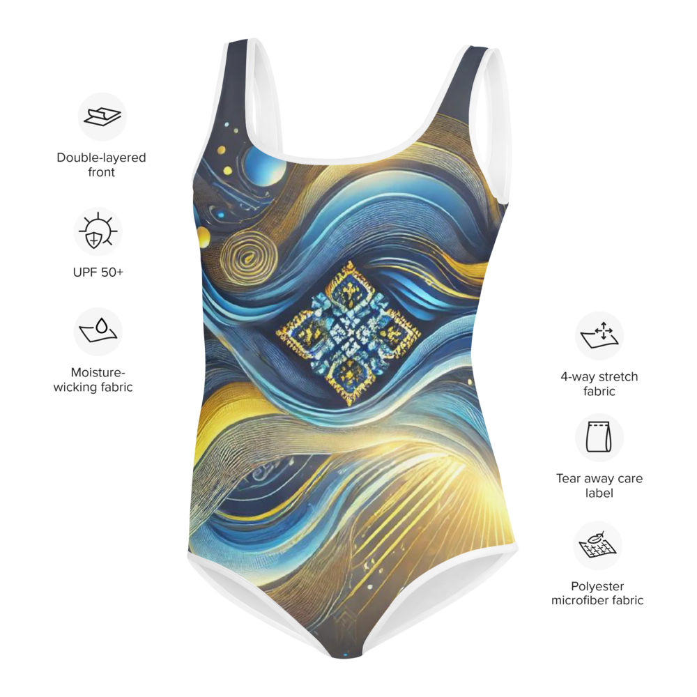 Girls’ Swimsuit with Ukrainian Abstract Design, Soft & Stretchy Fabric, UPF 38-40 Protection, Double Layer Front