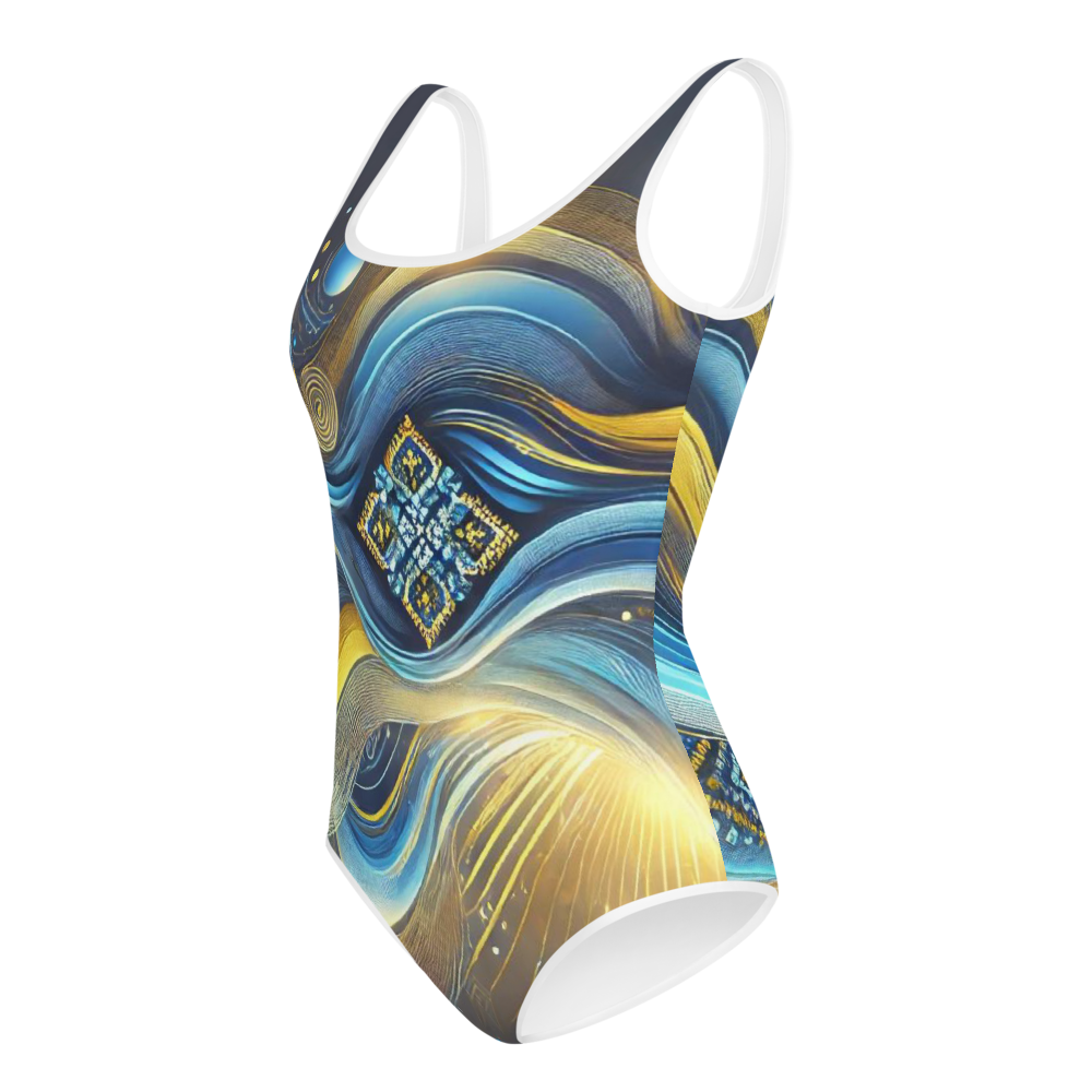 Girls’ Swimsuit with Ukrainian Abstract Design, Soft & Stretchy Fabric, UPF 38-40 Protection, Double Layer Front