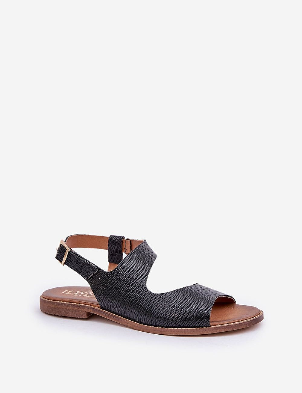 Almira Minimal Leather Sandals in black with adjustable buckle strap, showcasing clean lines and natural leather craftsmanship for summer elegance.