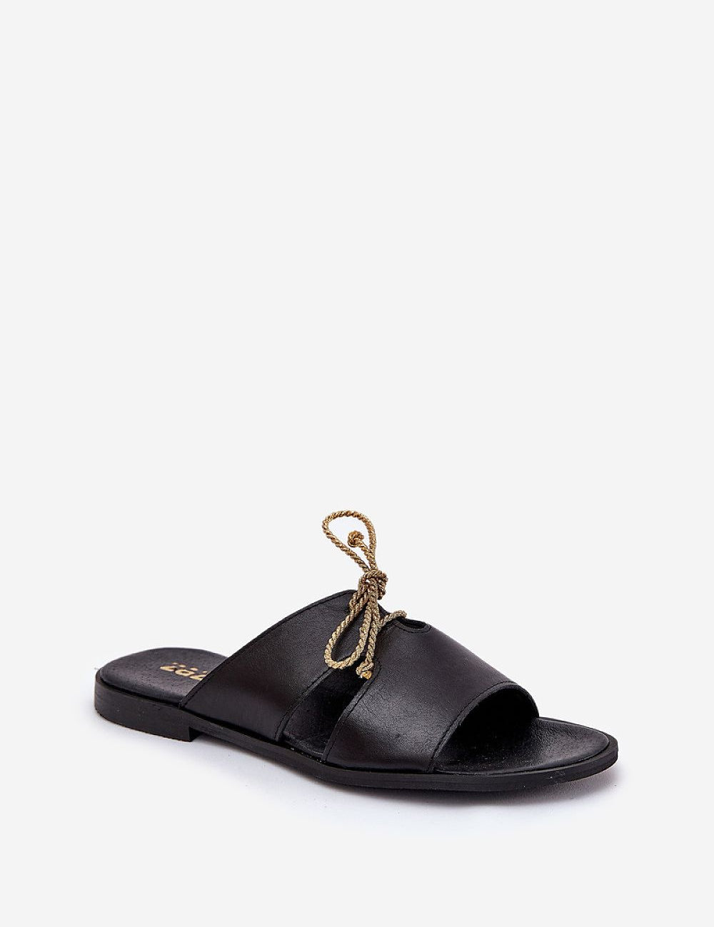 Alvessa gold accent leather slides with golden string detail and flat heel for elegant summer style.