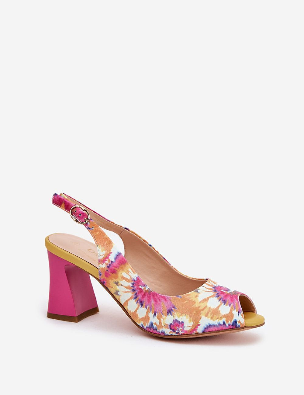 Anzora patterned leather sandals with block heel, featuring a colorful design, adjustable buckle strap, and comfort-focused insole.