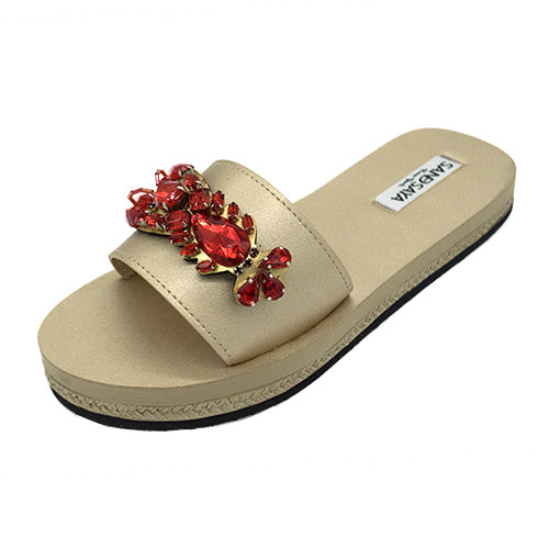 Arancia Crystal Espadrille Slides with red embellishments, featuring cushioned vegan leather and durable waterproof body. Handmade in NY.