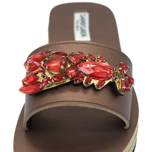 Vibrant red crystal embellished Arancia Crystal Espadrille Slide with vegan leather, handmade in New York, durable and stylish.