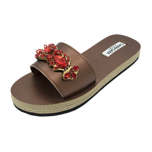 Arancia Crystal Espadrille Slide with red crystal embellishments, vegan leather, waterproof. Handmade in New York for stylish comfort.