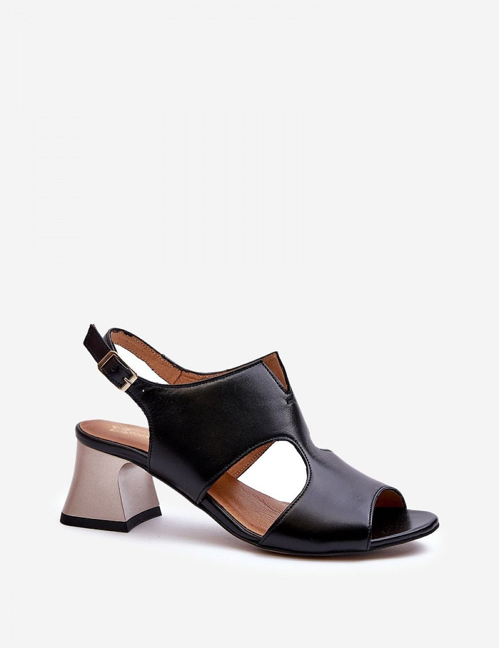 Black Ariessa Leather Heel Sandals with adjustable buckle strap and stylish cutouts, perfect for both casual and formal summer occasions.