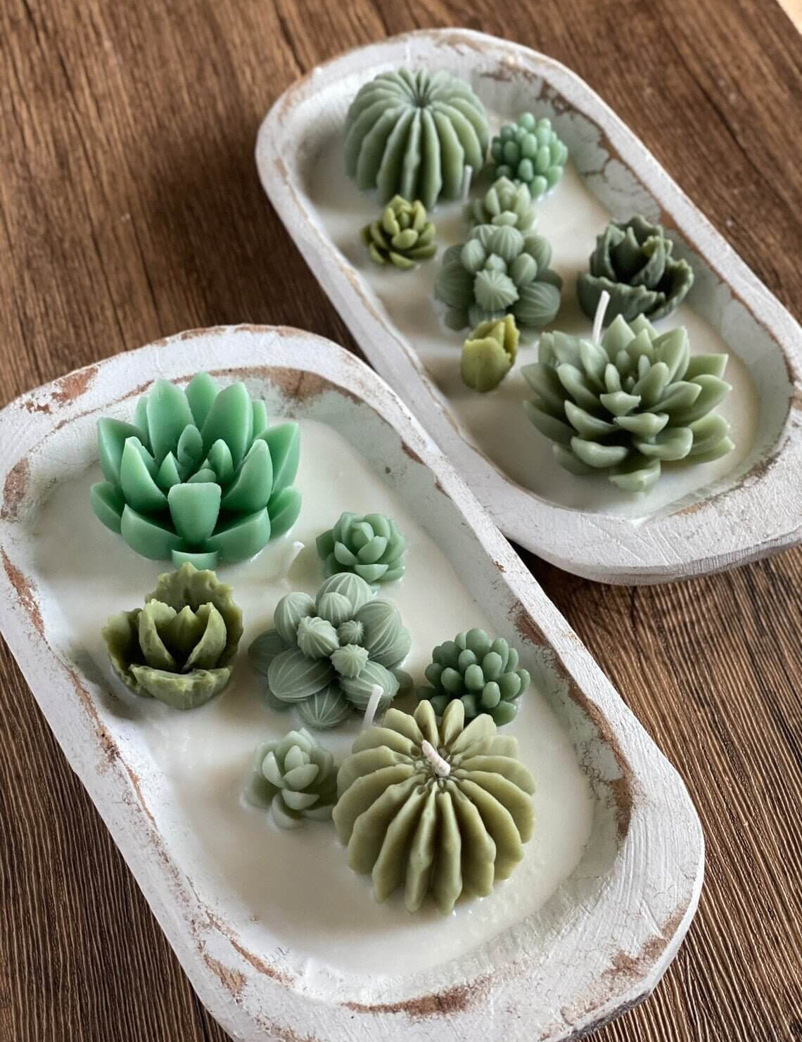 Solterre Garden Candle in hand-carved wooden bowl with succulent wax design