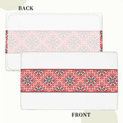 Authentic Ukrainian embroidery table cover with intricate red and black patterns on premium quality fabric.