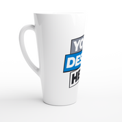 17oz white ceramic latte mug with customizable design, perfect for coffee, hot chocolate, microwave and dishwasher safe.
