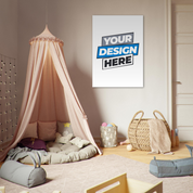 Children's room with customizable art poster, pastel canopy, and cozy decor, ideal for personalizing space with unique designs.