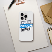 Print on demand gloss tough iPhone case with "Your Design Here" text, dual-layer protection, glossy finish, wireless charging compatible.