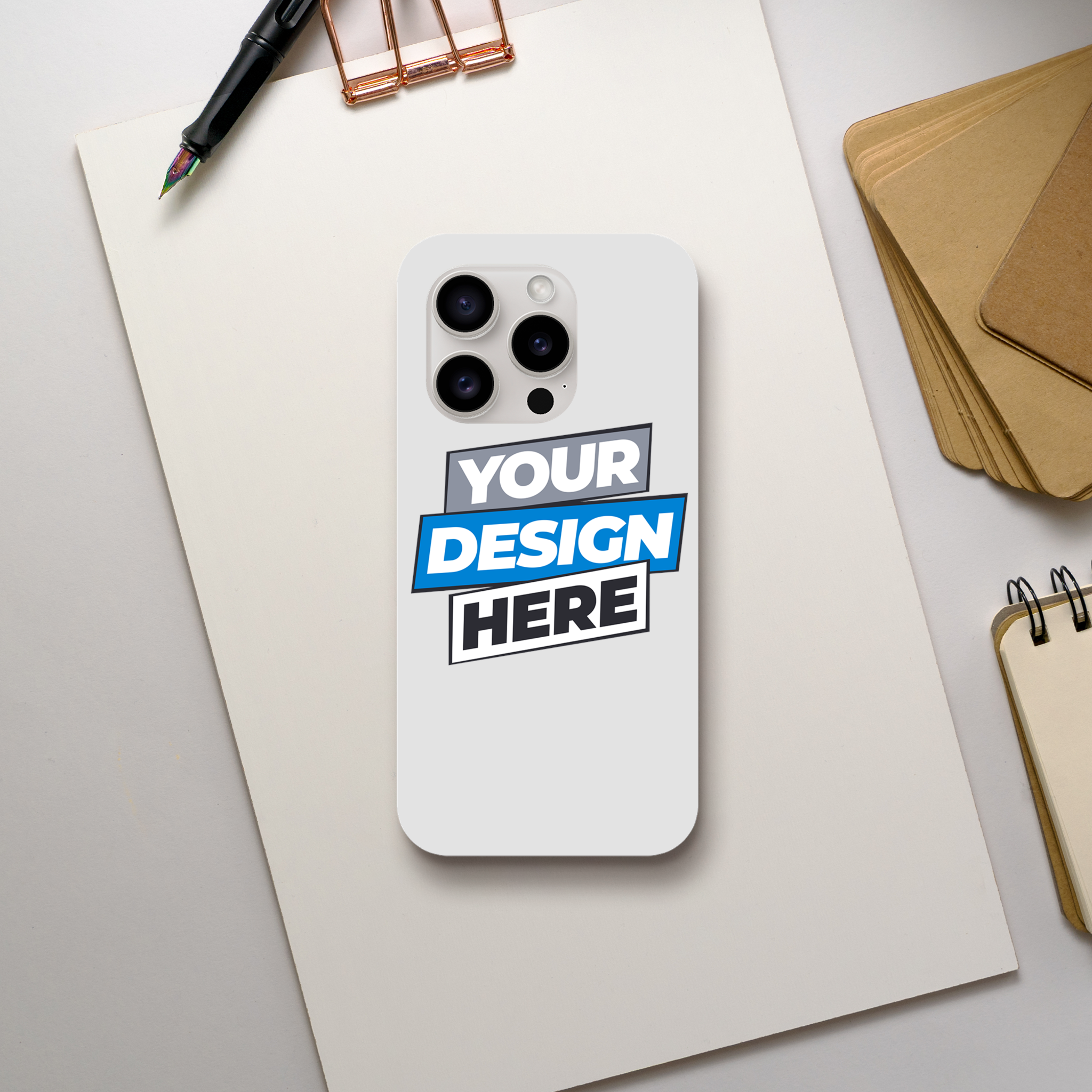 Print on demand gloss tough iPhone case with "Your Design Here" text, dual-layer protection, glossy finish, wireless charging compatible.