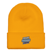 Henthor Cuffed Beanie in mustard yellow, featuring customizable embroidery for personalized design, made from hypoallergenic acrylic knit.