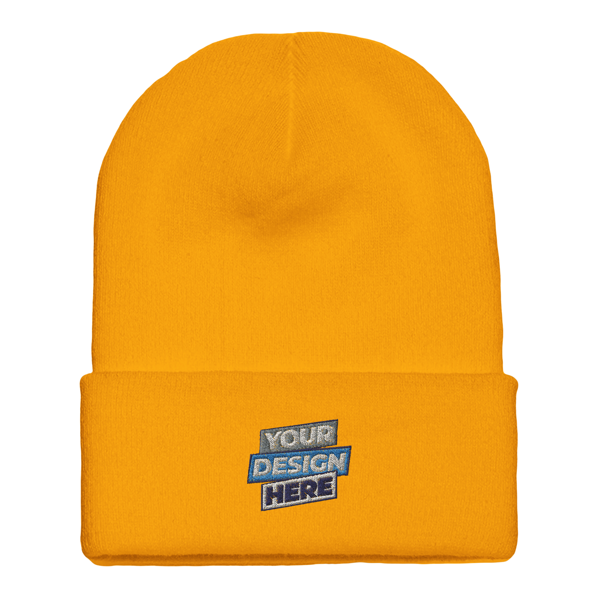 Henthor Cuffed Beanie in mustard yellow, featuring customizable embroidery for personalized design, made from hypoallergenic acrylic knit.