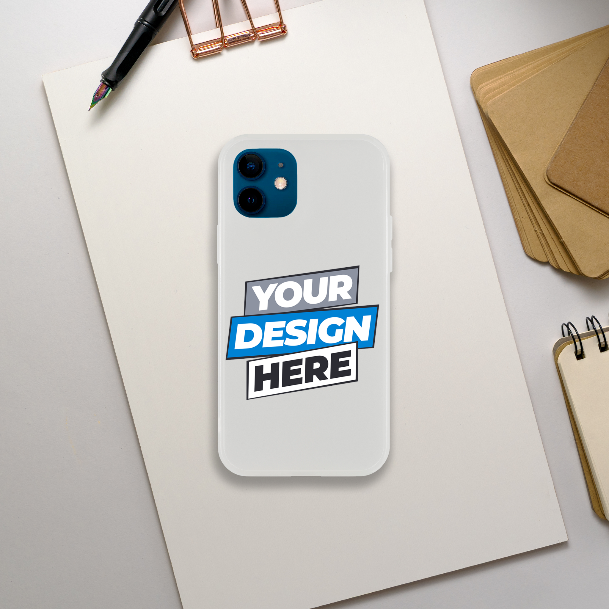 Alt Tag: Flexi Case with customizable design option, transparent durable shell on a desk, ideal for displaying art and design.