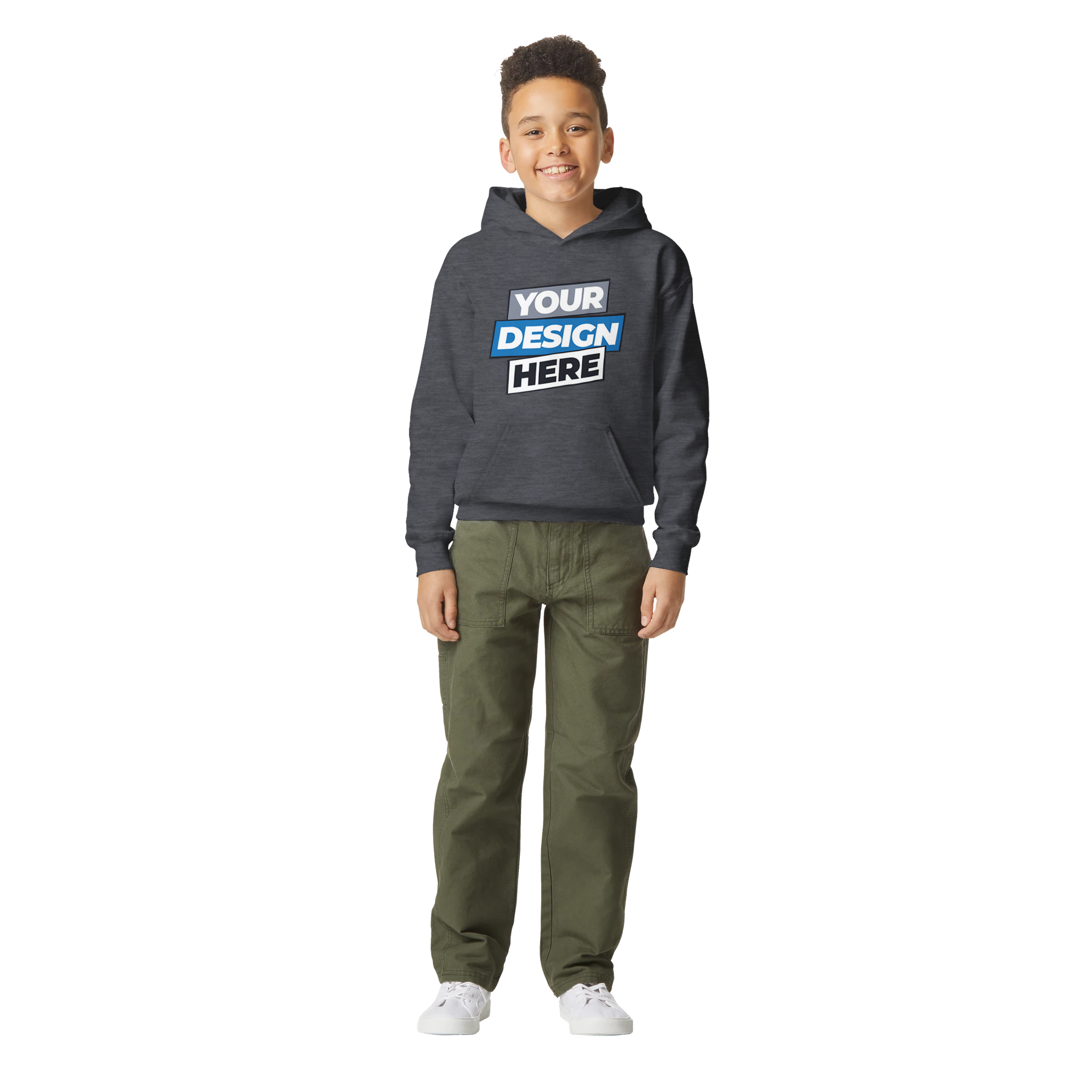 Youth wearing Terylo fleece hoodie with customizable design, featuring midweight fleece and jersey-lined hood, ideal for everyday wear.