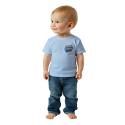 Baby wearing Leoni Cotton Baby Tee, perfect for custom prints, with classic crewneck and relaxed fit for comfort.