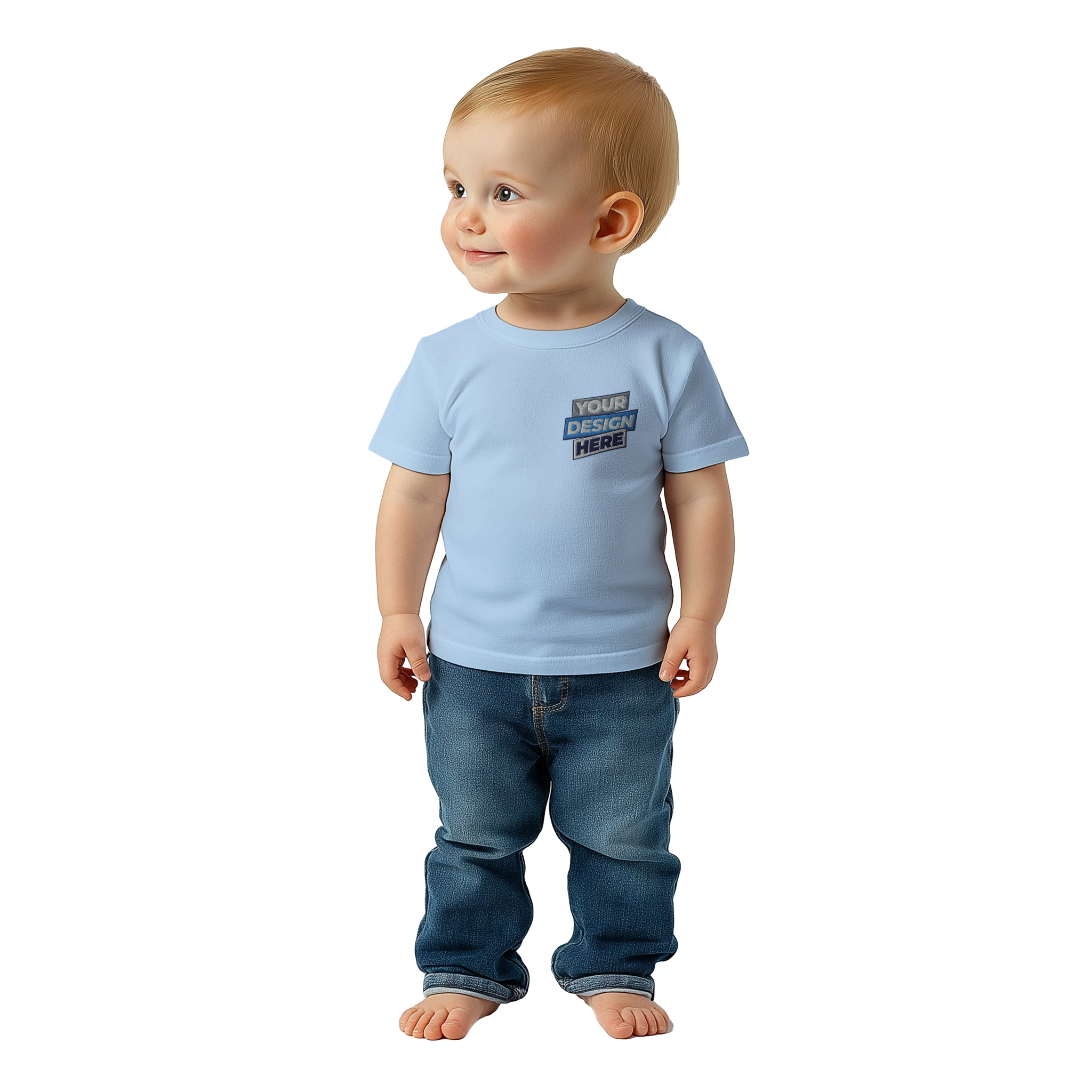 Baby wearing Leoni Cotton Baby Tee, perfect for custom prints, with classic crewneck and relaxed fit for comfort.