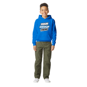 Child wearing a blue Terylo Youth Fleece Hoodie with custom design print, showcasing cozy fit and functional pouch pocket.