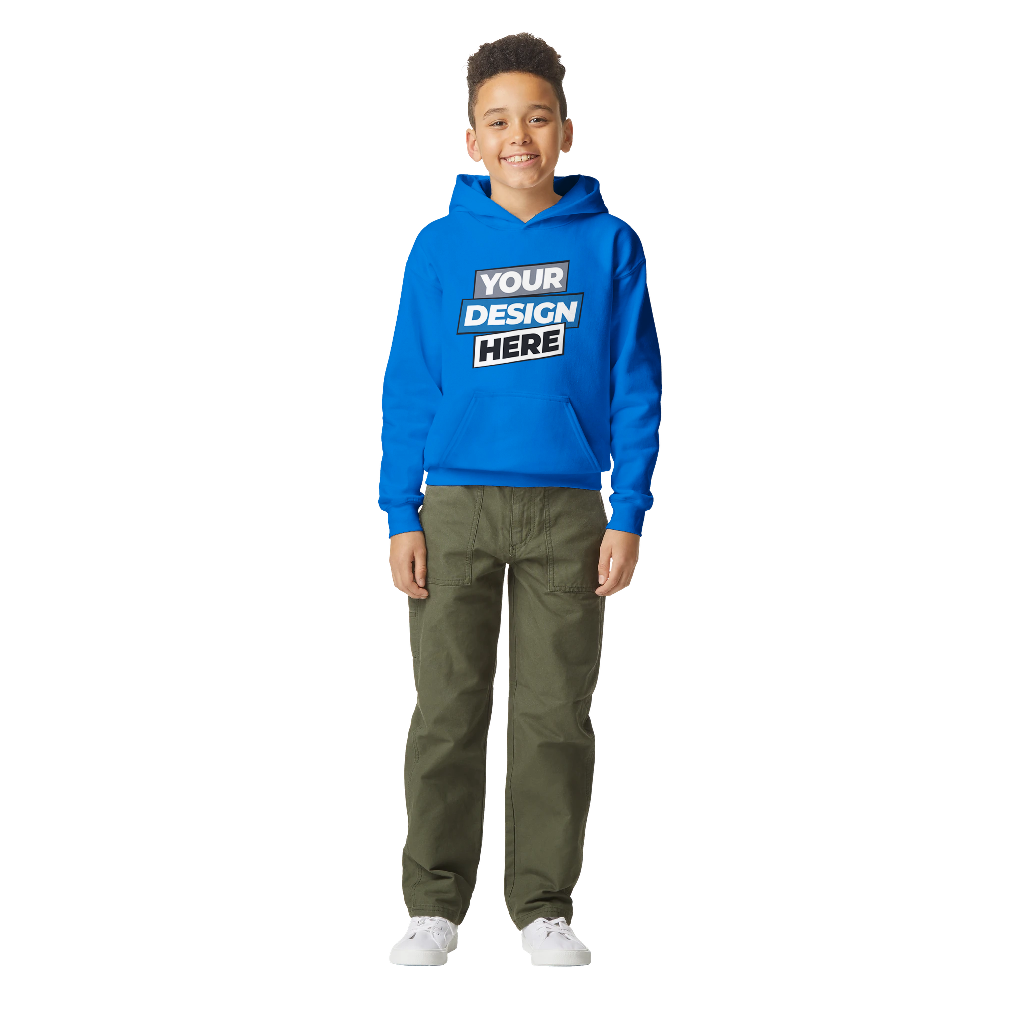 Child wearing a blue Terylo Youth Fleece Hoodie with custom design print, showcasing cozy fit and functional pouch pocket.