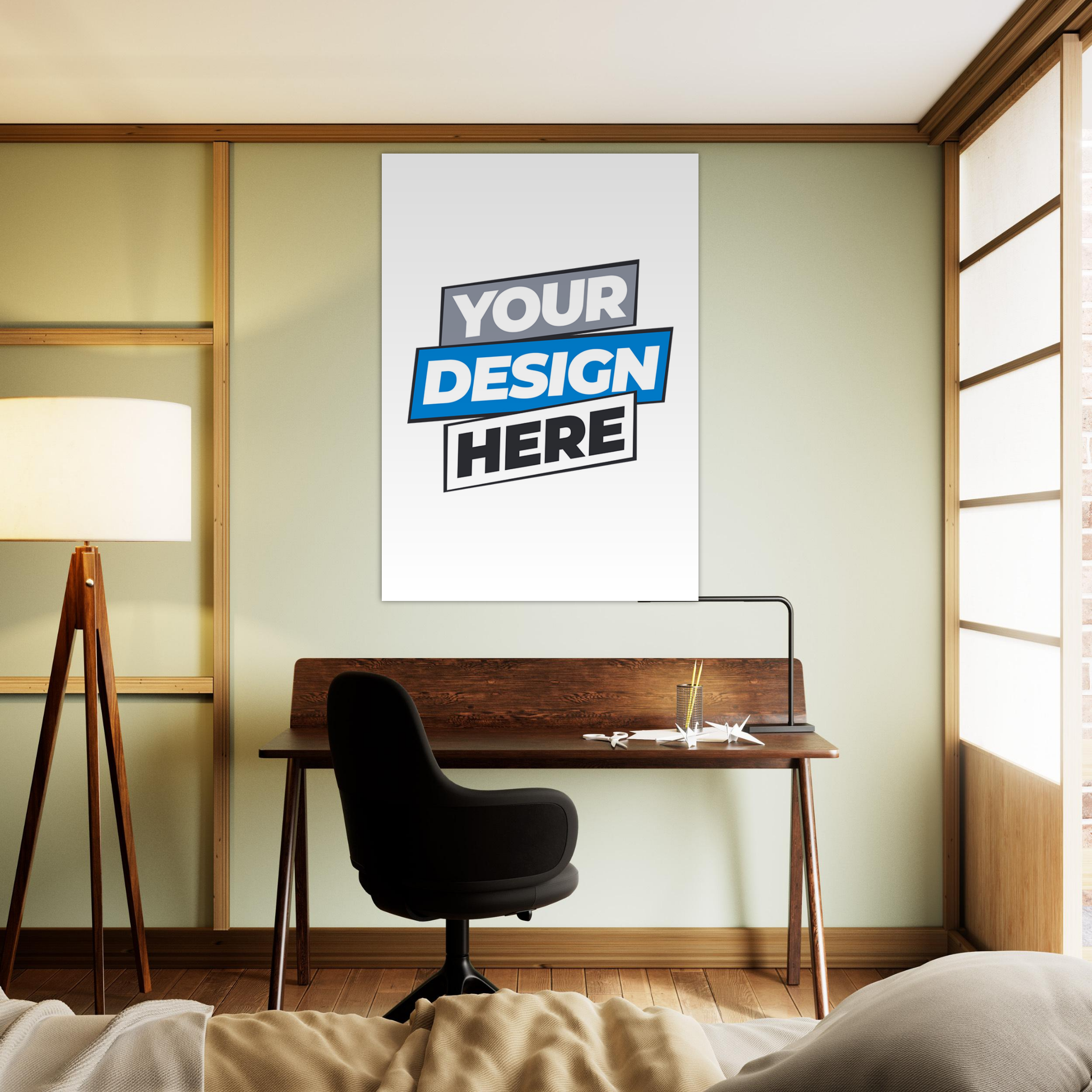 Modern office with a customizable fine art poster on the wall, showcasing vivid, accurate colors and matte finish for art enthusiasts.