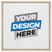 Customizable framed canvas with natural wood frame for personalized art, featuring a "Your Design Here" placeholder.