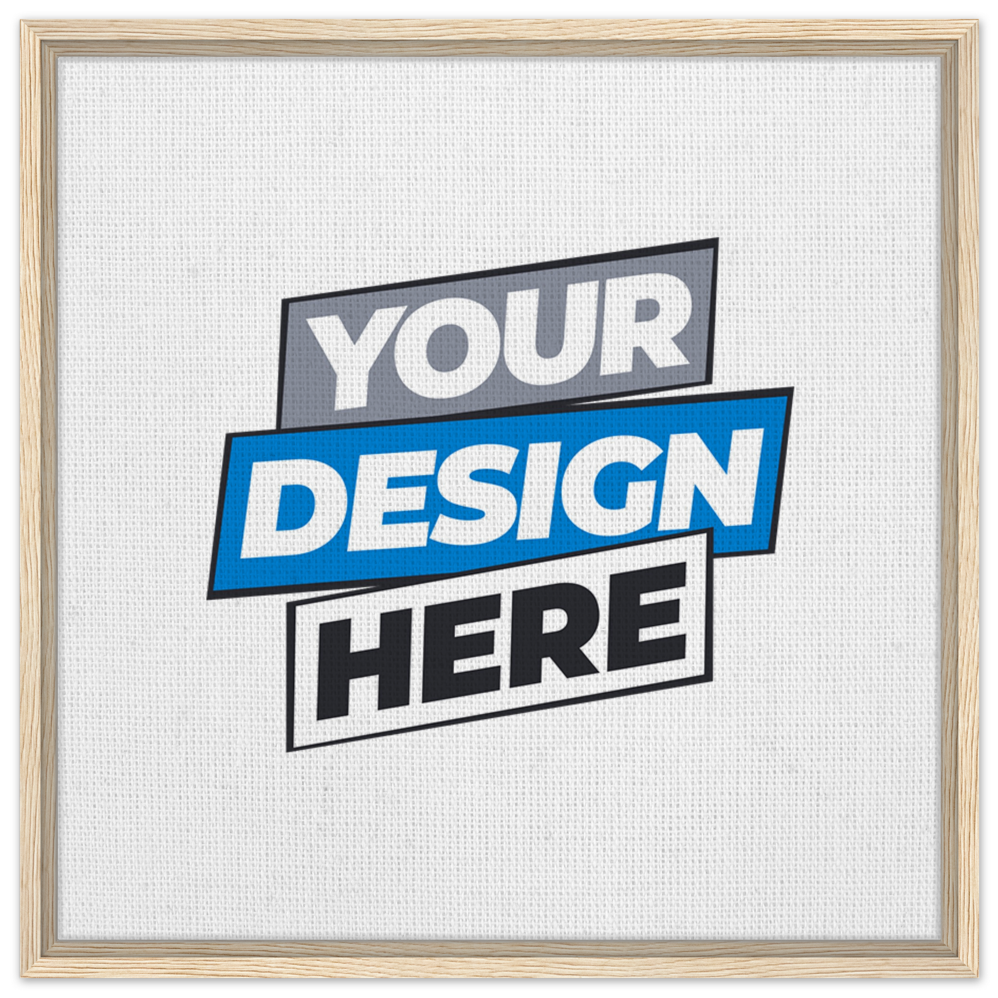 Customizable framed canvas with natural wood frame for personalized art, featuring a "Your Design Here" placeholder.
