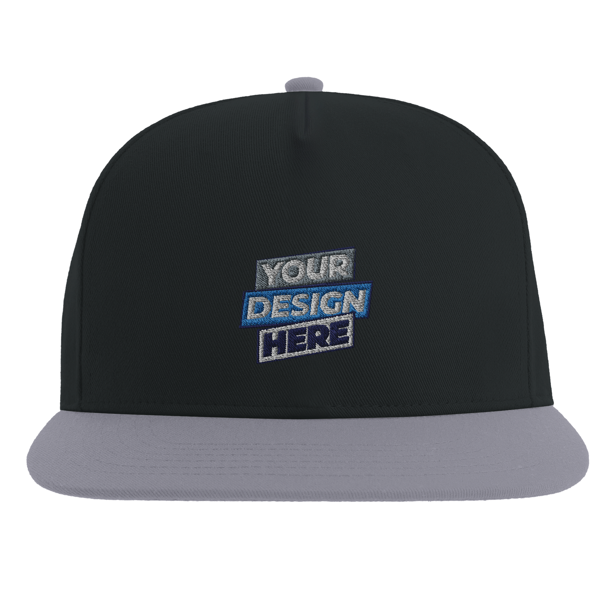 Print on Demand Yarven flat bill cap with high-profile design, featuring custom text and a gray flat visor.