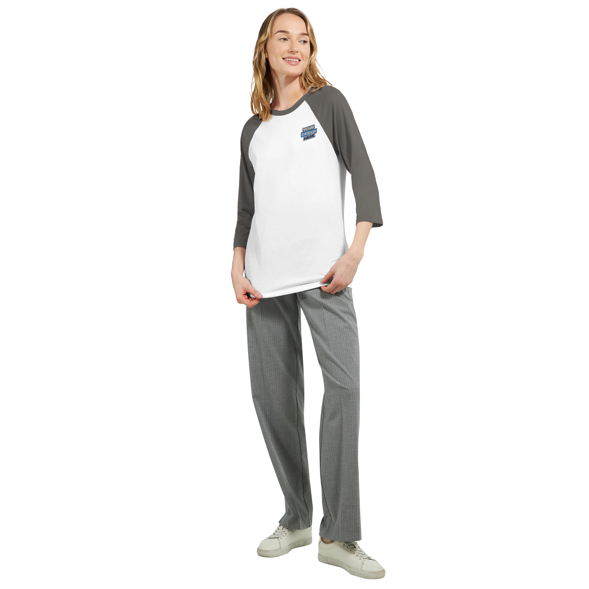 Woman wearing Mervelle Raglan Sleeve Tee with contrasting 3/4 sleeves, soft cotton blend, and a casual fit, perfect for everyday wear.