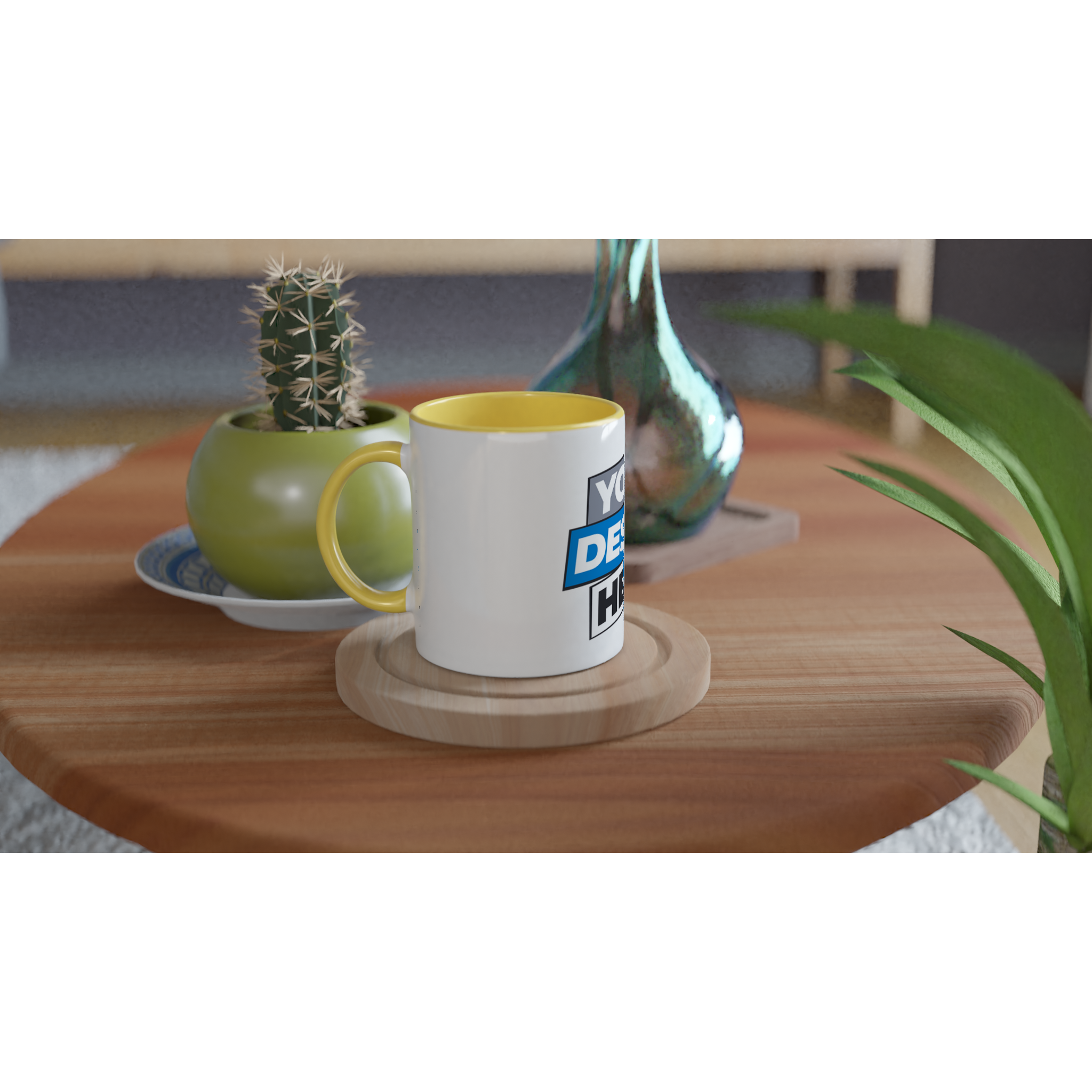 Irvelle ceramic mug with yellow accent on a wooden table, next to a small cactus and a decorative vase. 11 oz capacity.