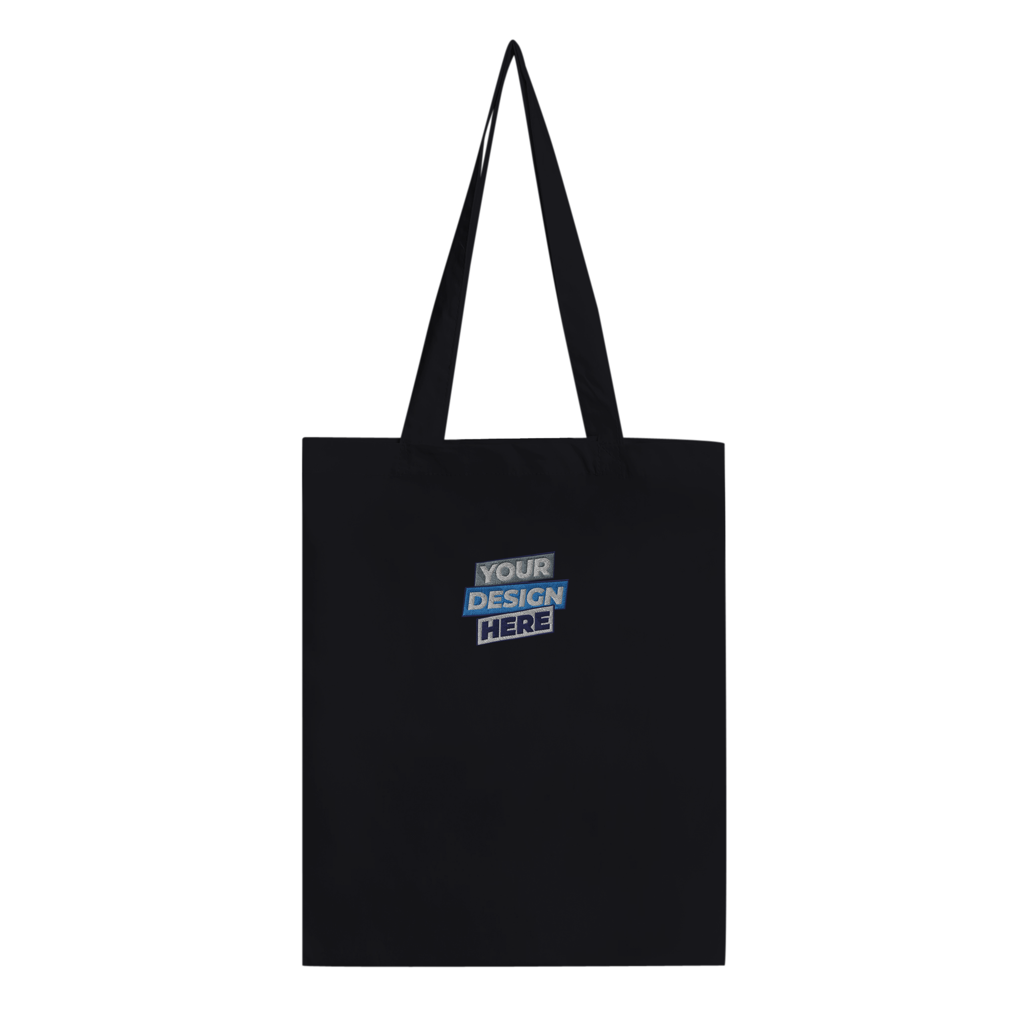 Black Tarselle Cotton Tote Bag with "Your Design Here" text, showcasing long reinforced handles for durability in everyday use.