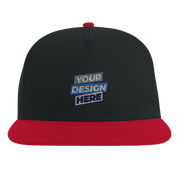 Print on Demand Yarven Flat Bill Cap with red brim, high-profile design, green undervisor, cotton twill, and adjustable snapback closure.