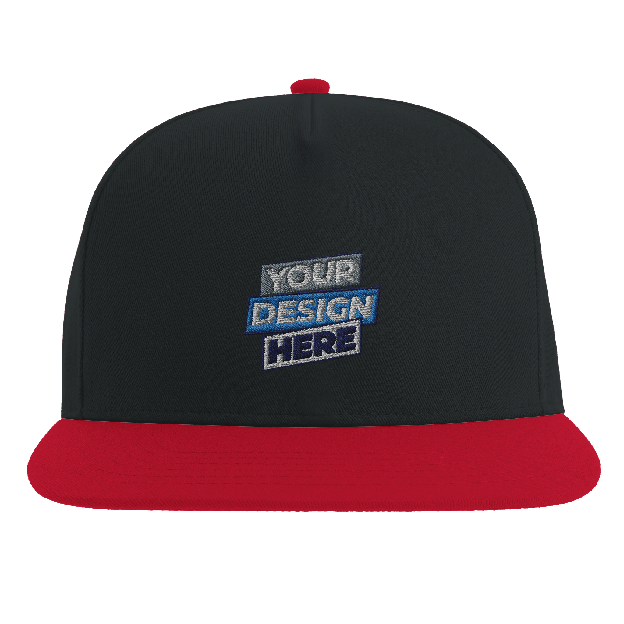 Print on Demand Yarven Flat Bill Cap with red brim, high-profile design, green undervisor, cotton twill, and adjustable snapback closure.