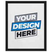 Custom framed canvas for artwork display with black frame, featuring "Your Design Here" text on textured cotton-polyester blend.