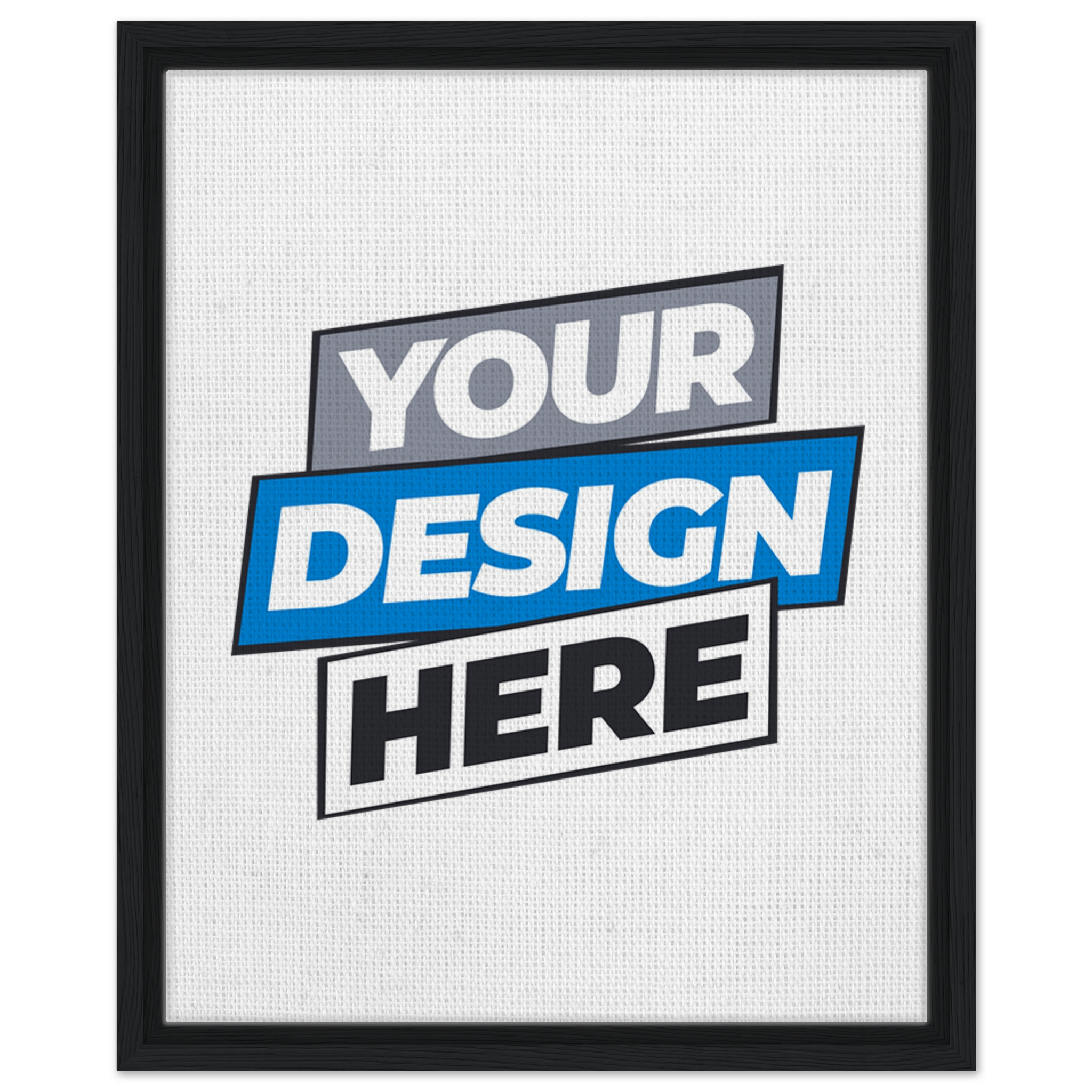 Custom framed canvas for artwork display with black frame, featuring "Your Design Here" text on textured cotton-polyester blend.