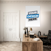 Modern office interior with fine art poster above wooden desk, showcasing customizable design with a smooth matte finish.