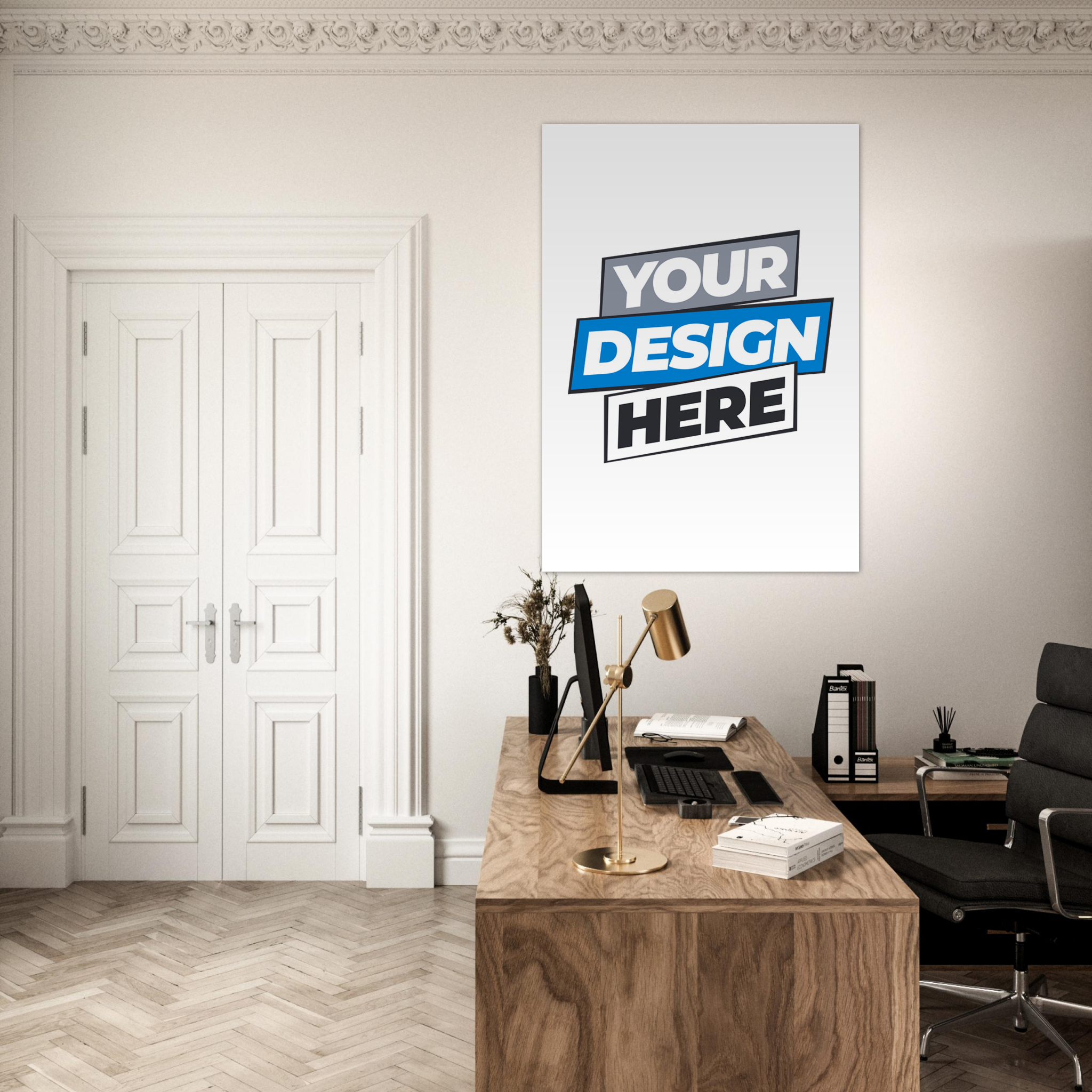 Modern office interior with fine art poster above wooden desk, showcasing customizable design with a smooth matte finish.