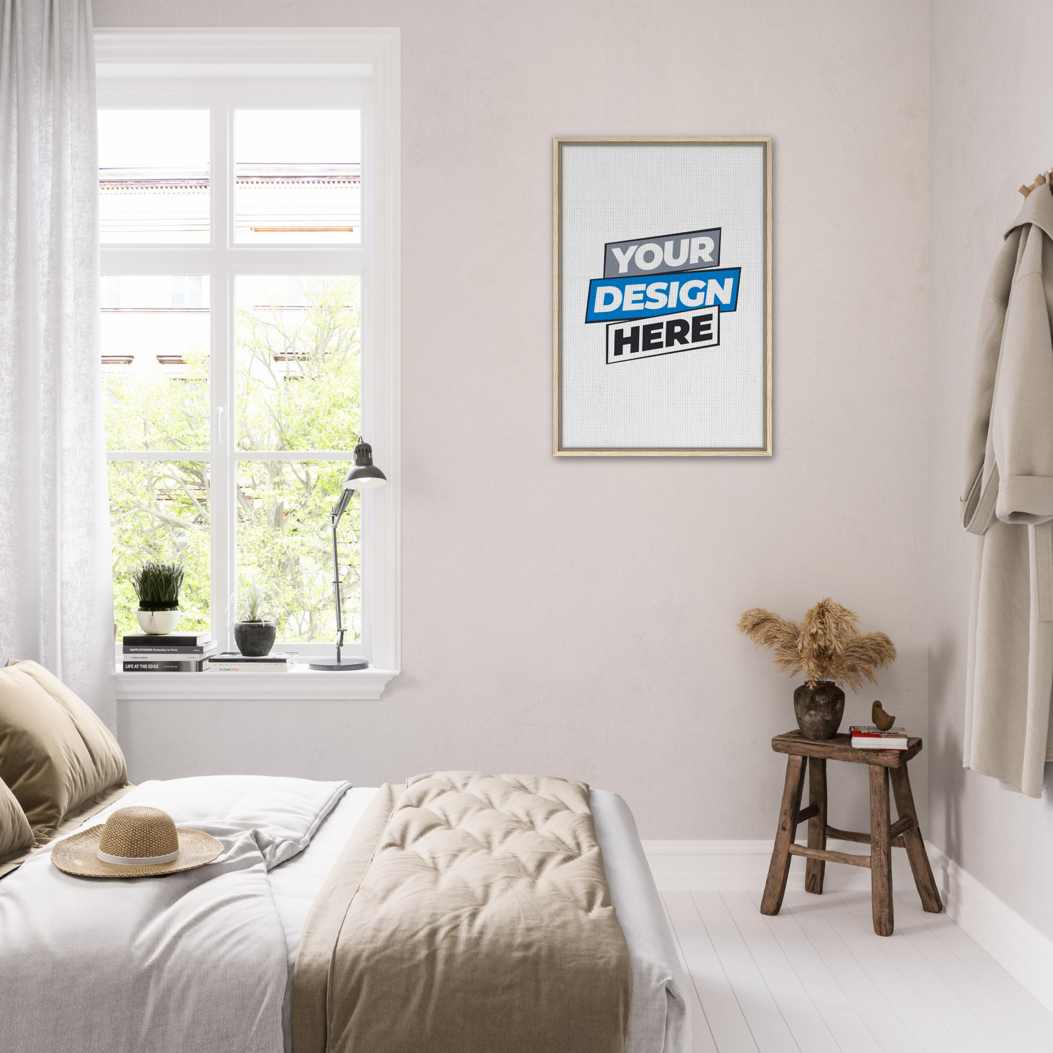 Modern bedroom with framed canvas art on wall next to window, neutral decor, and natural light.