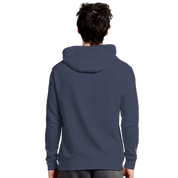 Back view of a person wearing a navy Elmoré Premium Pullover Hoodie, showcasing a mid-weight, shrink-resistant fabric and three-panel hood.