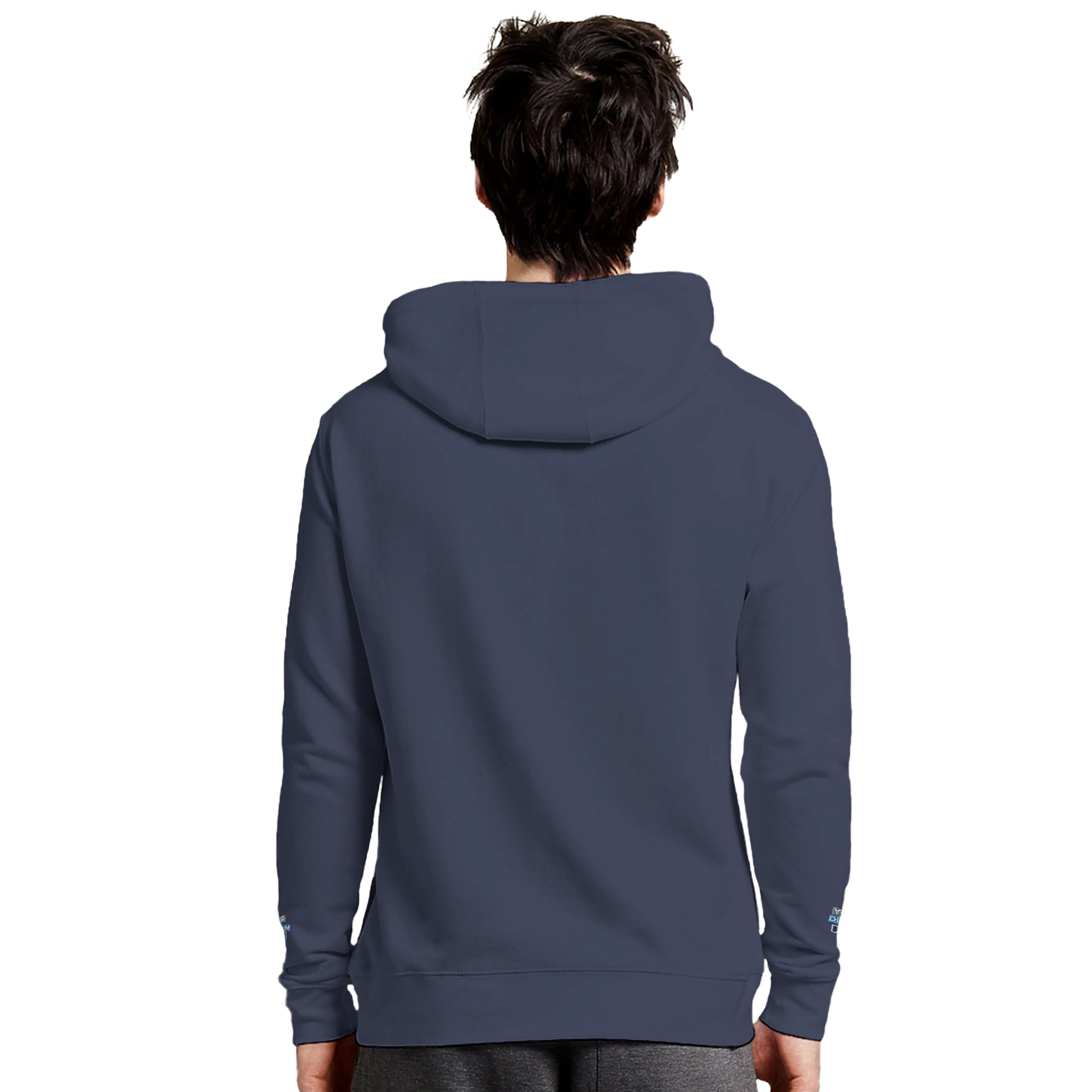 Back view of a person wearing a navy Elmoré Premium Pullover Hoodie, showcasing a mid-weight, shrink-resistant fabric and three-panel hood.