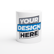 White ceramic mug with customizable design space, featuring black and blue 'Your Design Here' text, ideal for print on demand.