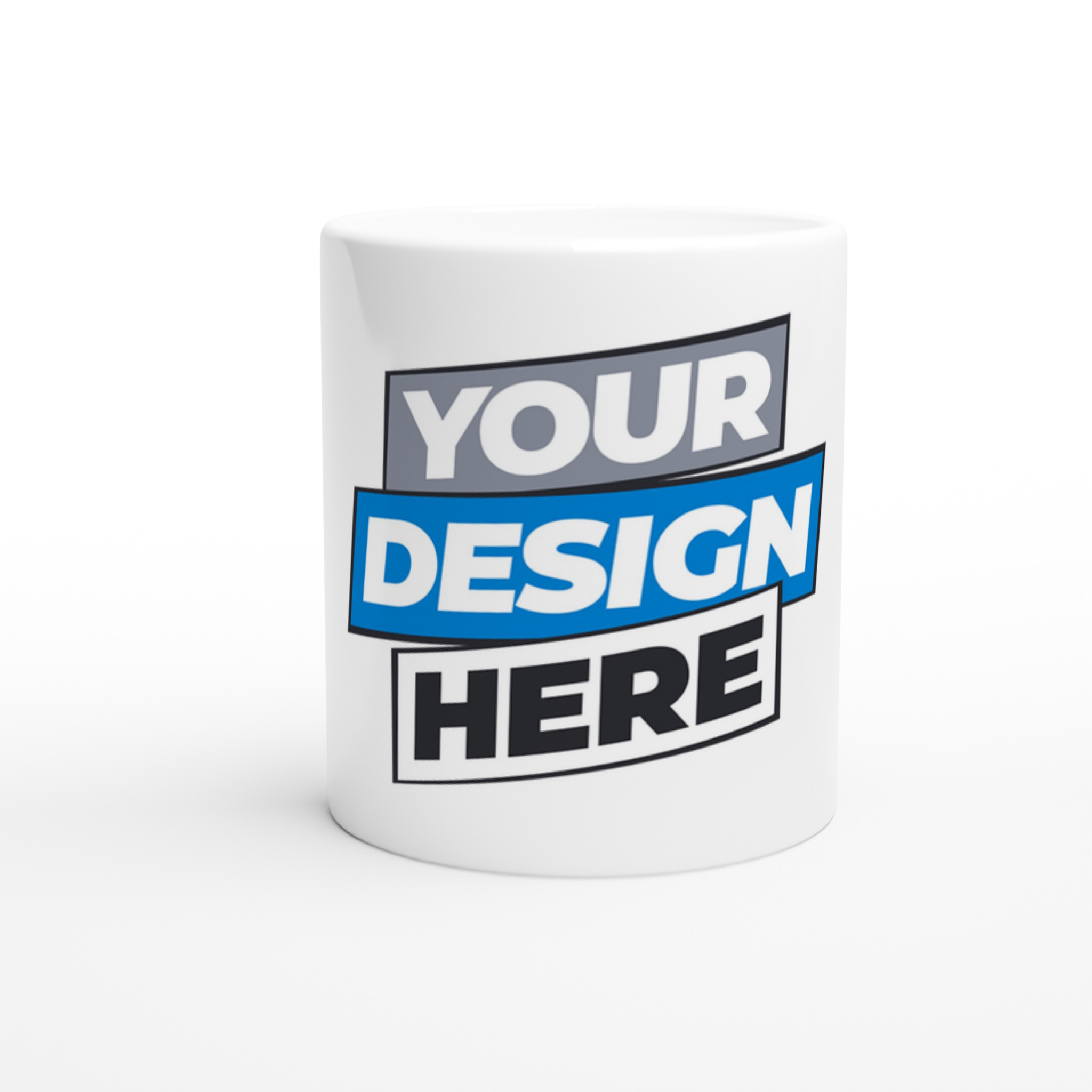 White ceramic mug with customizable design space, featuring black and blue 'Your Design Here' text, ideal for print on demand.