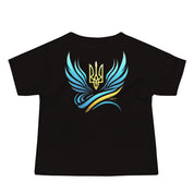Black baby jersey tee with Ukrainian symbol design on the back, made from soft cotton for comfort.