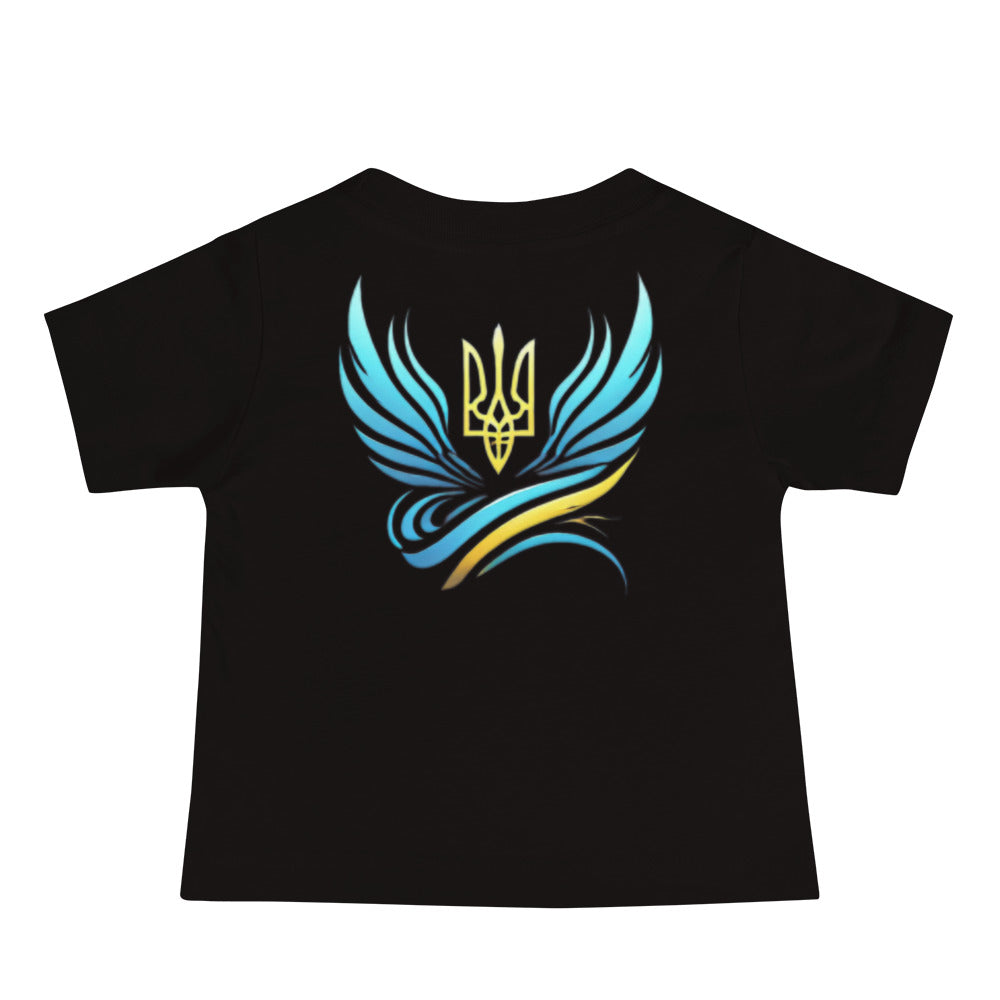 Baby jersey tee with Ukrainian symbol design in blue and yellow on black fabric, made from soft cotton for comfort and style.
