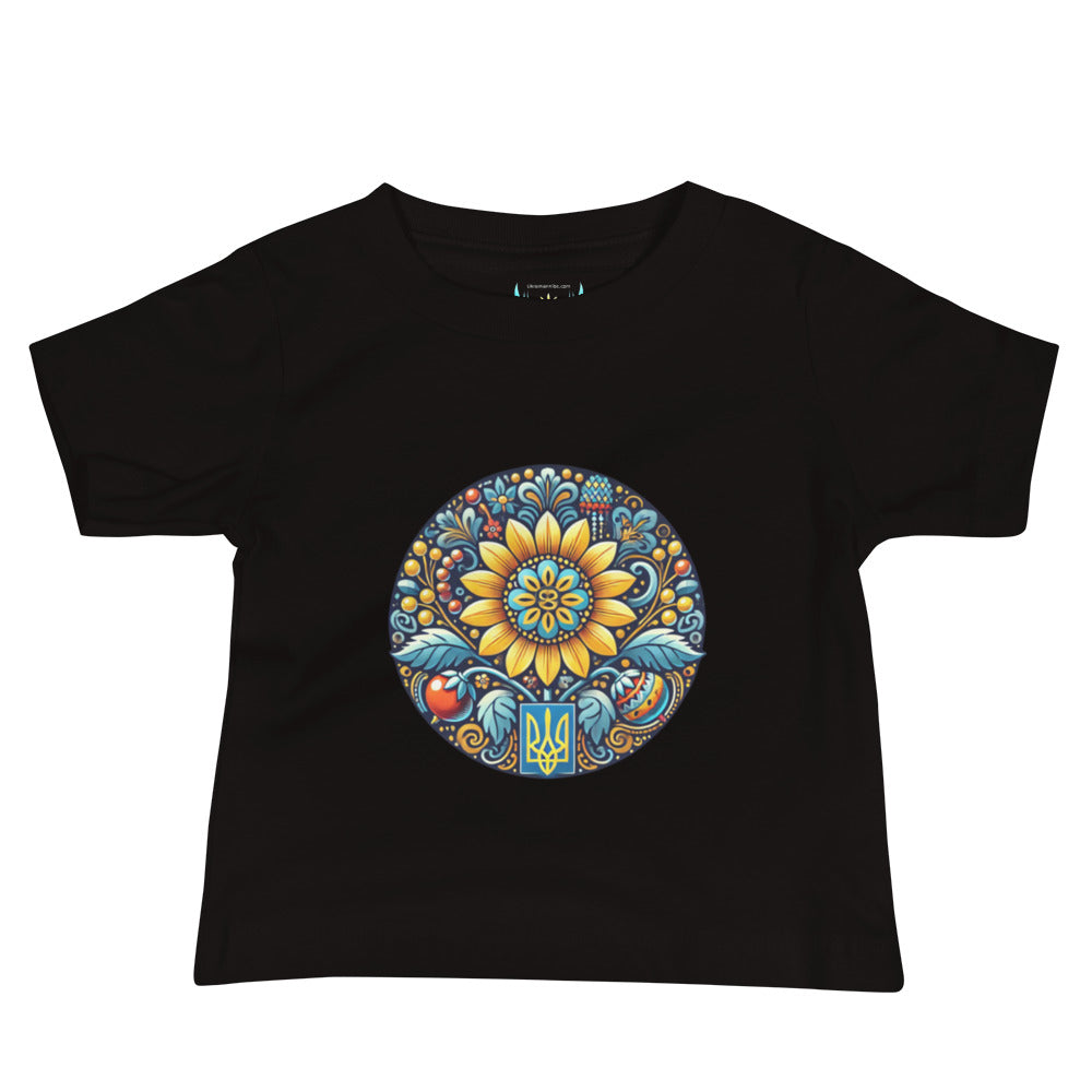 Black baby jersey tee with colorful Ukrainian symbol design in the center.