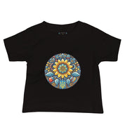 Black baby jersey tee with colorful Ukrainian symbol design in the center.
